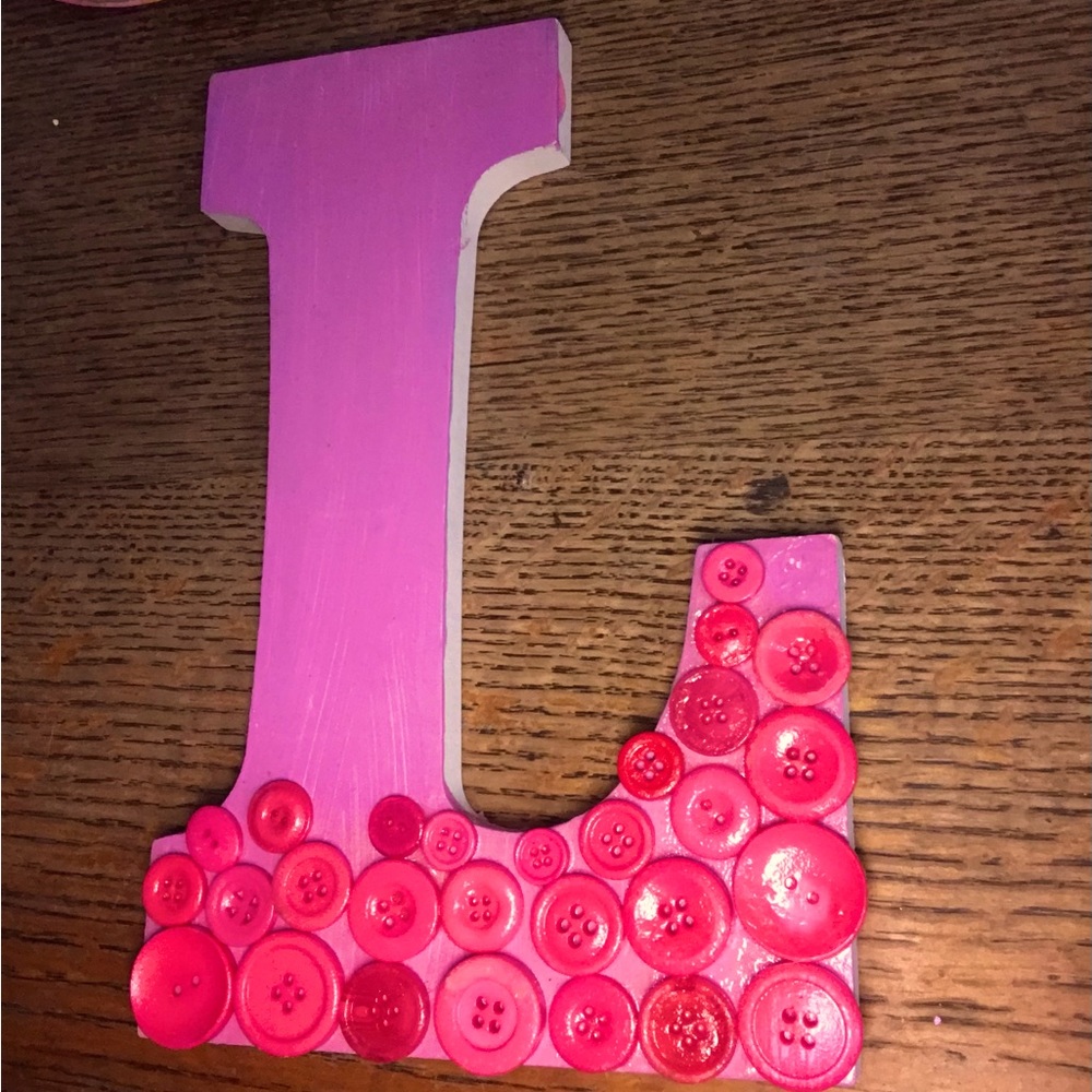 Hand Painted Wooden Letter “L” Purple with Pink buttons Wall Decor